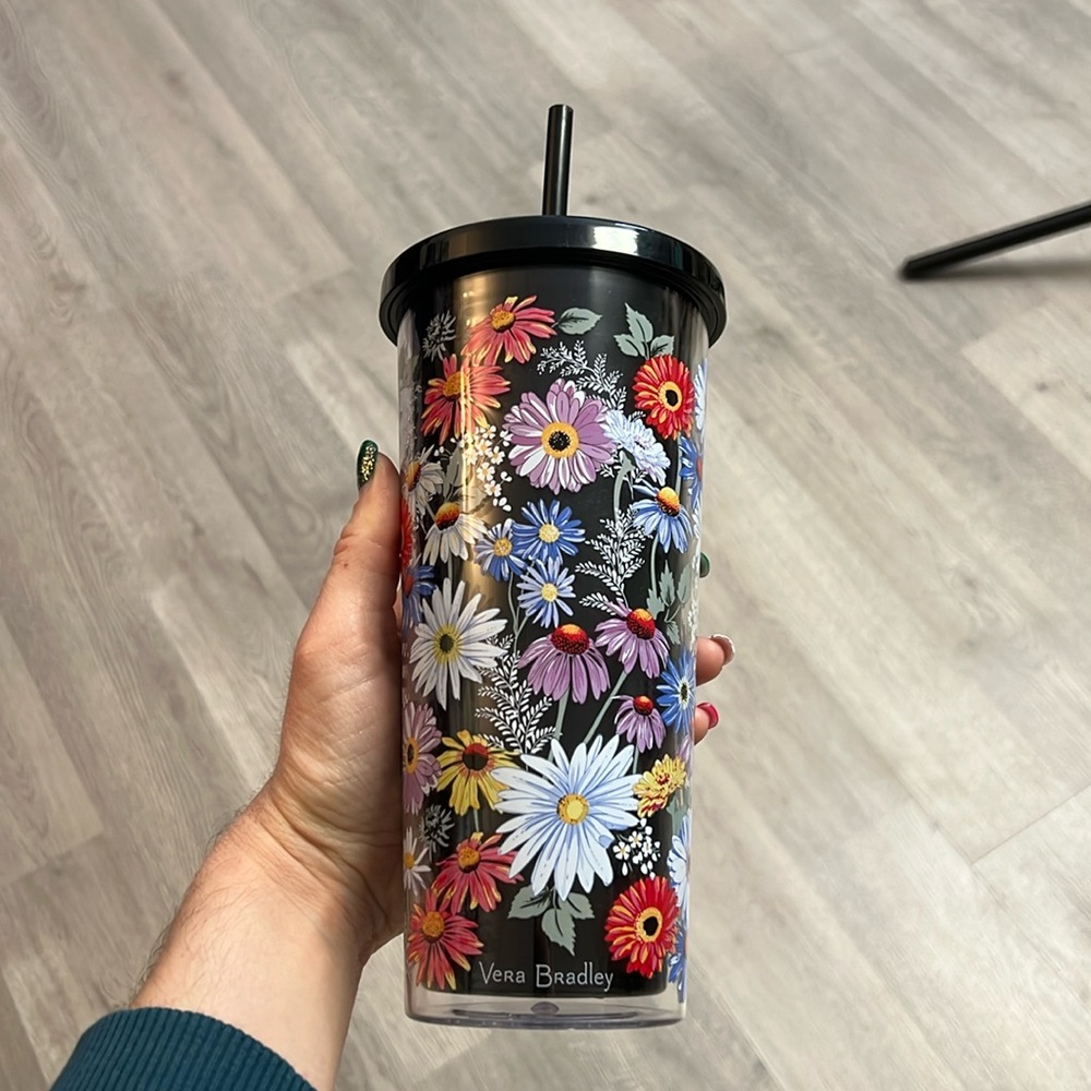 Vera Bradley Black Floral Plastic Tumbler- OS